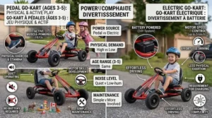Comparison graphic showing the benefits of a manual pedal go kart for 3-5 year olds versus electric models.