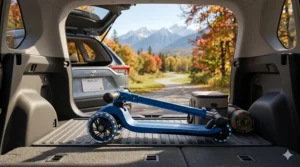 A folded 3 wheel scooter with adjustable handlebar fitting easily into a car trunk for a family road trip in Alberta.