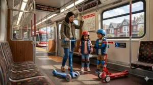 A parent easily carrying a lightweight Micro Mini scooter onto Canadian public transit.