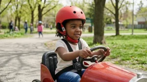 A photorealistic close-up of a diverse Canadian preschooler girl wearing a CSA-certified red safety helmet with a maple leaf, gripping the steering wheel of a red pedal car.