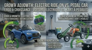 A side-by-side assembly guide comparing the mechanical simplicity of a pedal car to the electronic components of a 12V ride-on toy.