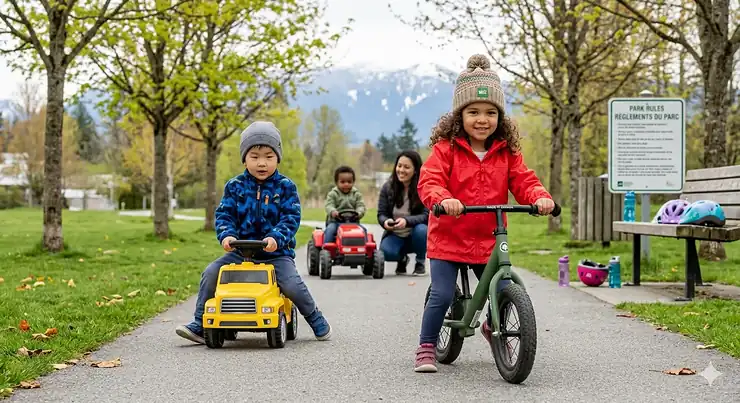 A group of toddlers safely playing with top-rated ride-on toys in a Canadian park. The image showcases the safest ride on toys for 3-5 year olds featuring parental remote controls and speed locks for peace of mind.