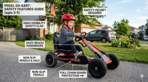 Diagram showing safety features of a pedal go kart for 3-5 year olds including handbrake and enclosed chain guard.