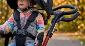 Close-up of photorealistic packaging for a red tricycle for 3 year olds in Canada, featuring a prominent bilingual label in English and French (TRICYCLE POUR ENFANT DE 3 ANS | CANNE PARENTALE).