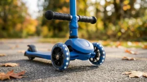 Close-up of a stable 3 wheel scooter base and lean-to-steer mechanism, ideal for Canadian suburban sidewalks.