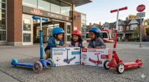 Product packaging for kids scooters featuring English and French labels for the Canadian market.