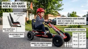 A size comparison chart for a pedal go kart for 3-5 year olds showing height and weight limits in centimeters and kilograms.