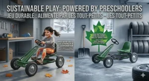 Speed and safety comparison chart for electric ride-on cars versus child-powered pedal cars with bilingual Vitesse et Securite headers.