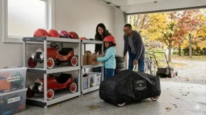 A photorealistic 4K image showing a Canadian family in a well-organized garage during autumn, preparing stored red pedal cars by securing a custom, detailed bilingual winter cover.