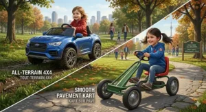 Comparison of storing a lightweight pedal car versus battery-operated electric vehicle care during a cold Canadian winter in a garage.