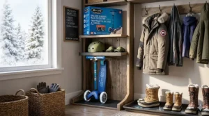 Illustration of a toddler scooter stored neatly in a Canadian mudroom during winter months.