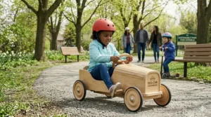 A photorealistic 4K image showing a diverse Canadian preschooler in Oakhaven Park, wearing a red helmet and blue jacket, using a durable, sustainable wooden pedal car with "ECO-CAR / VOITURE ÉCO" laser-engraved.