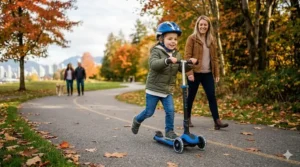 Illustration showing the 3 wheel scooter adjustable handlebar heights for growing Canadian kids from ages 3 to 8.