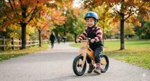 Illustration of a 3-year-old child riding a wooden balance bike, a popular 3rd birthday gift in Canada.