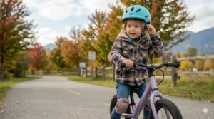 A 3-year-old toddler wearing a Canadian-themed safety helmet and protective knee pads while holding a purple balance bike with an integrated hand brake.