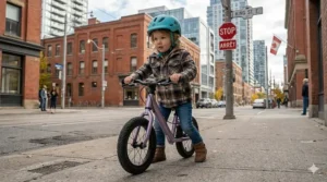 A 3-year-old girl using a hand brake on a balance bike while riding on a city sidewalk in a Canadian urban environment with bilingual stop signs and maple leaf flags.