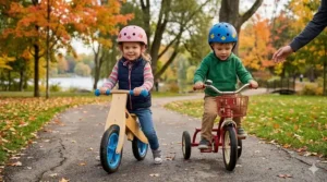 A Canadian child wearing a safety-certified pink helmet with maple leaf decals ready to ride a balance bike.