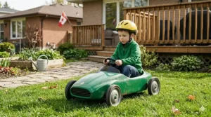 Photorealistic 4K image of a focused preschool boy in a yellow helmet and green fleece, driving his vintage green pedal car across a sunlit backyard lawn in a suburban Ontario setting.