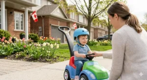 Parent pushing a toddler in a colorful plastic car during a family walk in a Canadian suburban setting.