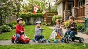 Red toddler push car for kids under 3, a popular and affordable ride on toy in Canada for outdoor play.