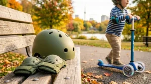 A 3 year old wearing a safety helmet and pads while using a 3 wheel kick scooter.