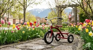 A child pedaling a red tricycle past blooming tulips in a Vancouver-inspired spring garden.