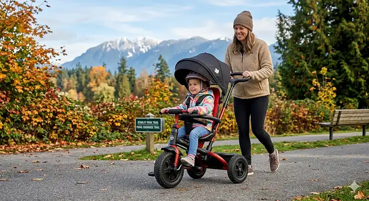 A Canadian toddler happily riding a tricycle for 3 year olds with a parent push handle, steered by their mother on a scenic, paved path in Stanley Park, Vancouver, BC.