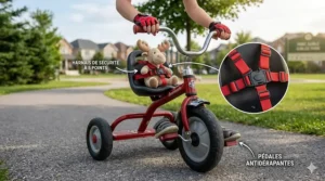 Detailed view of a tricycle for 3 year olds highlighting the 5-point safety harness and non-slip pedals with French labels.