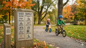 A stable three-wheeled tricycle showing ease of use for toddlers, with a bilingual English and French safety sign in the background.