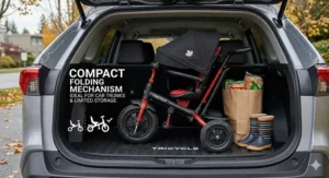 Close-up illustration of the secure safety harness and black parent push handle steering controls on a red tricycle for a 3-year-old on a Stanley Park autumn trail, highlighting secure parent supervision.
