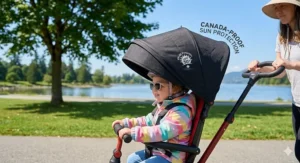 A photorealistic illustration set inside a Canadian home, showing a 3-year-old child wearing a helmet actively pedaling the red tricycle with a parent push handle in a spacious indoor playroom, while a snowy garden is visible through the window.