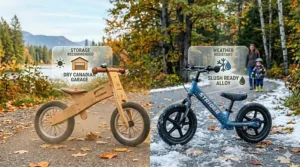 Illustration of a metal balance bike handling Canadian slush versus a wooden bike stored in a dry garage.