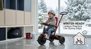 A photorealistic illustration on a sunny Canadian summer day, showing the black UPF 50+ UV protection canopy fully deployed on a red tricycle for a 3-year-old with a parent push handle.