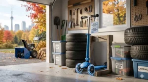 Illustration of a 3 wheel scooter being stored in a Canadian garage, highlighting its compact, weather-resistant frame.