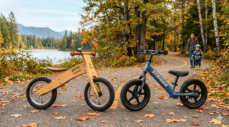 A comparison of a wooden balance bike versus a metal balance bike on a multi-use trail in a Canadian park during fall. wooden balance bike vs metal balance bike