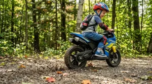 A technical illustration showing how to charge the long-lasting 12v battery for a kids electric motorcycle indoors.