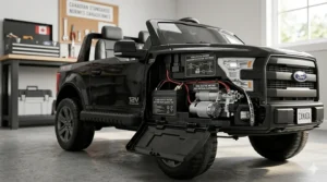 A 4K photorealistic technical illustration set in a Canadian workshop, showing the internal dual 12V electric motors and detailed 12V battery pack of a black toy Ford F-150-style truck, featuring a bilingual safety standards sign on the wall.
