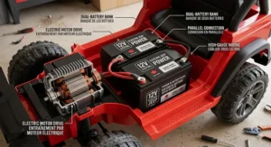 A photorealistic 4K detailed view of the internal 12V dual-battery system and motor drive for the electric Jeep, featuring high-quality bilingual English/French labeling and a Canada-specific maple leaf logo.