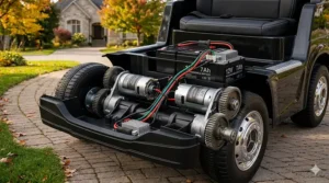 An illustrative close-up, photorealistic cutaway view showing the internal details of a 12V battery system and the dual-motor propulsion drivetrain of a licensed ride on car on a brick driveway, with a blurred autumn background.