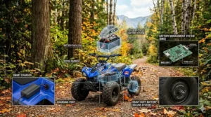 Technical illustration of the long-lasting 12V battery system for a children's electric quad.