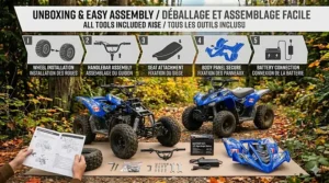 Everything included in the 12V electric ATV for kids 5-8 kit, including charger and assembly tools.