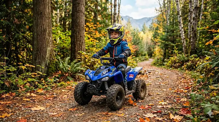 A young child safely riding a 12V electric ATV for kids 5-8 on a scenic wooded trail in Ontario, Canada.