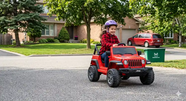 A smiling 7-year-old child in a red flannel jacket drives a red 12V electric Jeep on a suburban driveway in Mississauga, Canada.