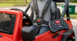 A photorealistic close-up illustration detailing the secure safety harness and the bilingual (EN/FR) parental remote control for the red 12V electric Jeep for 5-8 year olds.