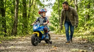 A photorealistic illustration of the motorcycle featuring prominent bilingual English and French branding: 12V ELECTRIC MOTORCYCLE FOR KIDS / MOTO ÉLECTRIQUE POUR ENFANTS.