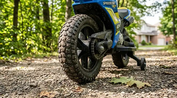 A young child wearing a safety helmet riding a blue 12v electric motorcycle for kids on a paved driveway in a Canadian residential neighborhood.