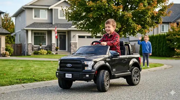 A young child driving a black 12V electric truck for kids on a suburban Canadian driveway during a sunny afternoon.