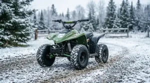 A 12V electric ATV for kids with high-traction tires handling light Canadian winter conditions safely.