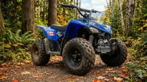 Durable all-terrain tires on a 12V electric ATV designed to handle Canadian gravel and grass surfaces.