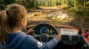 Kids' 12V electric car with bright LED headlights for better visibility during Canadian evening play.